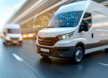 Efficient urban logistics delivery vans utilizing transparent holographic contracts city streets technology showcase fast-paced environment innovative solutions for future transport